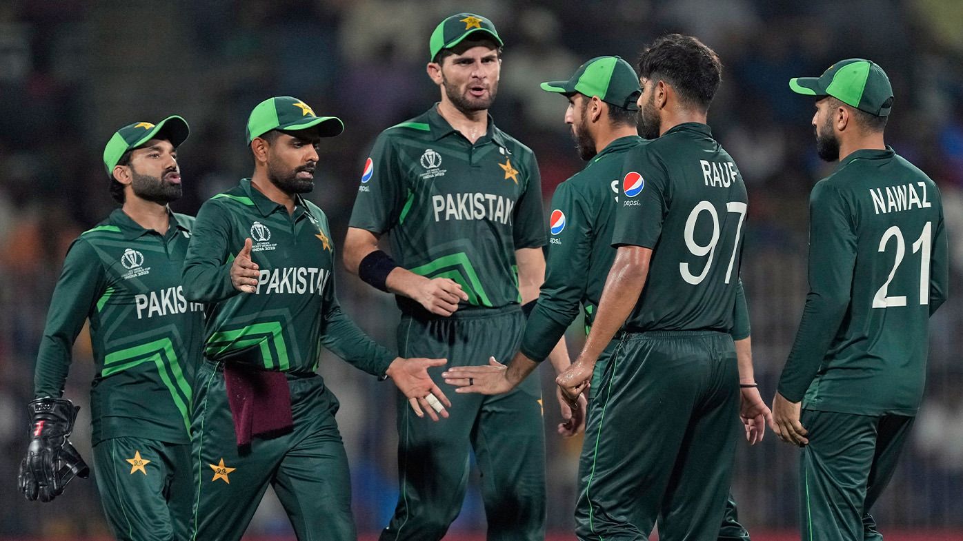 Pakistan players celebrate a wicket during their match against South Africa.