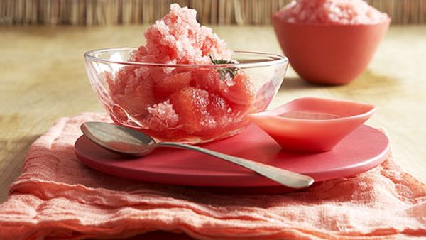 Watermelon salad with rose and mint syrup and watermelon ice