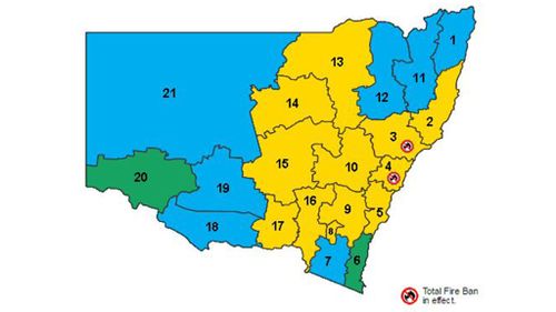 A total fire ban is in place for the Greater Sydney region and the Greater Hunter region. (RFS)