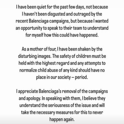 Kim Kardashian has released a statement on Balenciaga, saying she was 'shaken' by the images. 