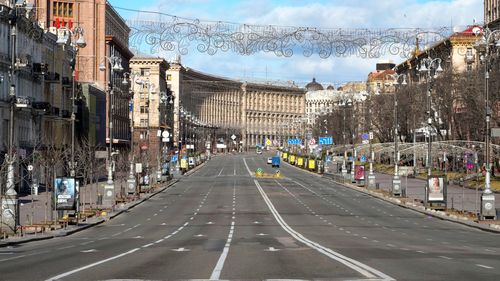 A view of Khreshchatyk, the main street, empty, due to curfew in the central of Kyiv, Ukraine.