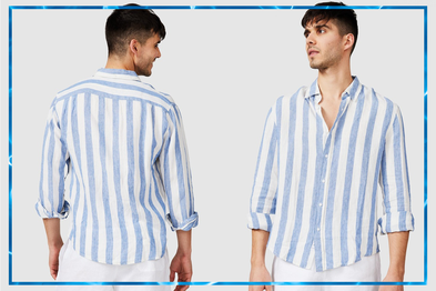 9PR: Vacay Swimwear Blue Stripe Linen Shirt 