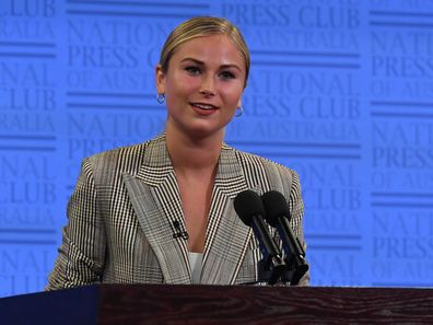 Grace Tame speaks at the National Press Club on March 03, 2021 in Canberra, Australia. Tame, named Australian of the Year for her advocacy work for sexual assault survivors, has called for a definition of consent to be established federally and taught in schools as early as possible.  (Photo by Sam Mooy/Getty Images)