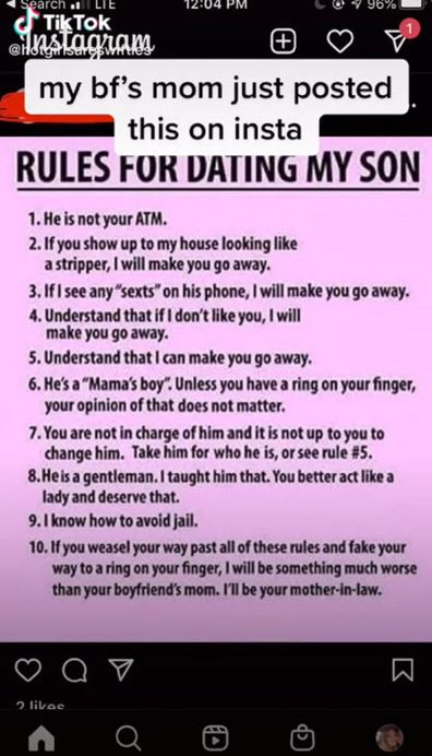 The girlfriend says she found the list on her boyfriend's mother's Instagram account.