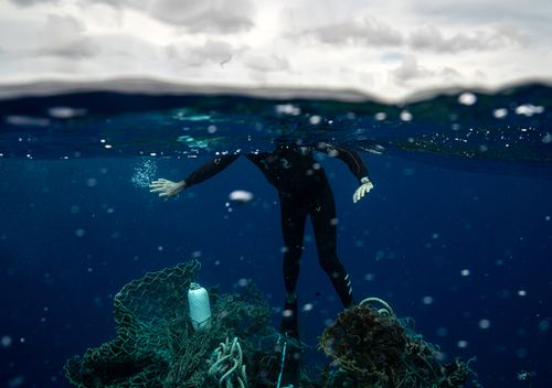 A fishing net and other debris hang just below the surface.