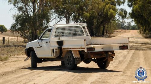 The white, single-cab Mitsubishi Triton used in the robbery. Detectives are appealing for dashcam footage of this vehicle driving in the Moama area.