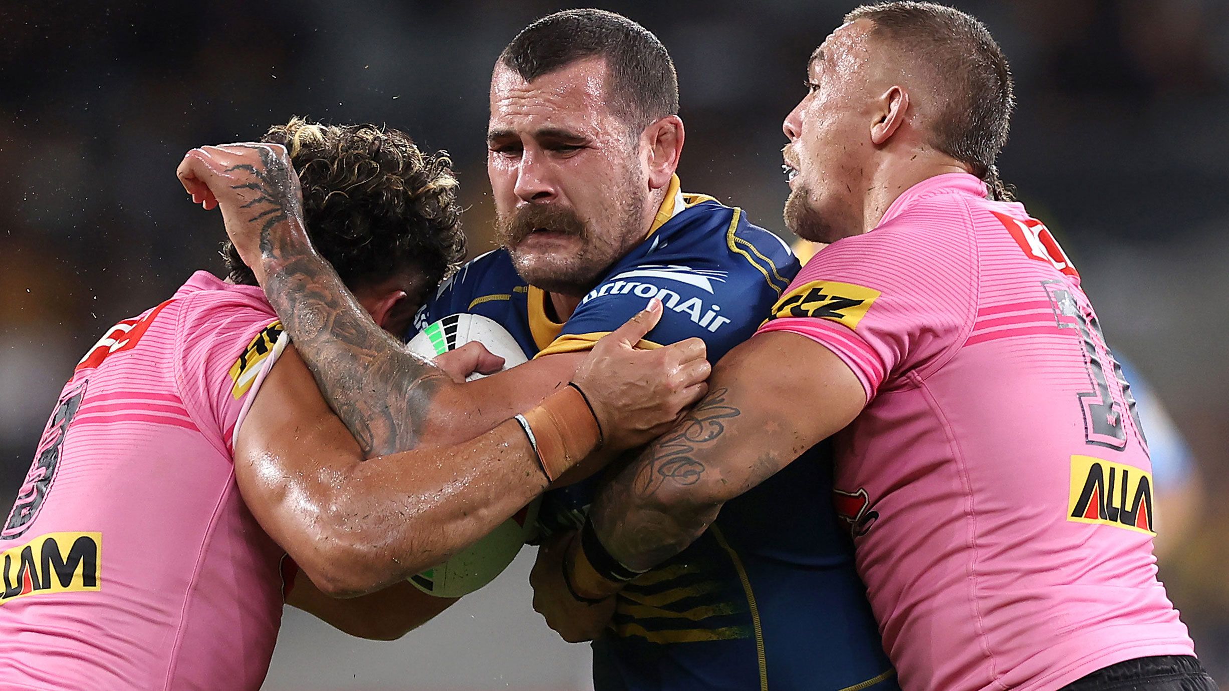 Reagan Campbell-Gillard is tackled during the Eels&#x27; round four win over the Panthers. 
