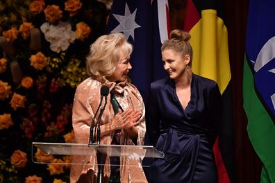 Blanche d'Alpuget,and Hawke's granddaughter Sophie Taylor-Price speak during the State Memorial service for the former prime minister. (AAP Image/Dean Lewins) 