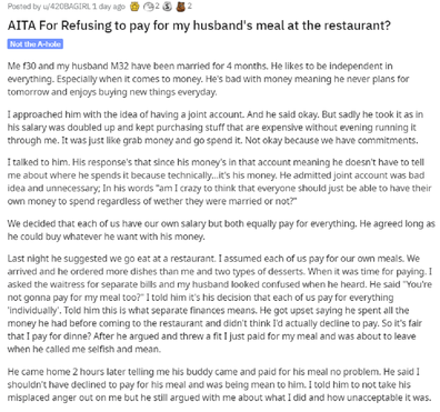 Wife on talks about money problems on Reddit.