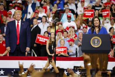 Sarah Sanders speaks during a rally at the Amway Center in Orlando, Florida on June 18, 2019. 