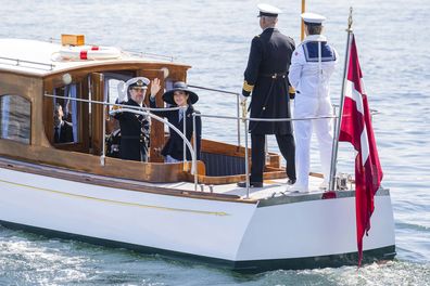 COPENHAGEN, DENMARK - MAY 7: King Frederik X of Denmark and Queen Mary of Denmark arrive at Nordre Toldbod and sail by chalup to board the Royal Ship Dannebrog on May 7, 2025 in Copenhagen, Denmark. (Photo by Martin Sylvest Andersen/Getty Images)