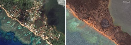 This combination of this satellite images provided by Maxar Technologies shows an overview of Nomuka in the Tonga island group on Aug. 17, 2020, left, and Jan. 20, 2022, right, showing the damage after the Jan. 15 eruption