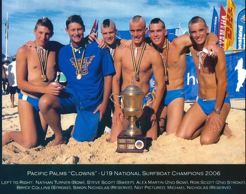 Robert, centre, won the National U19 surf boat championship with his team in March 2007, in Pacific Palms where he was living, on the mid NSW coast.