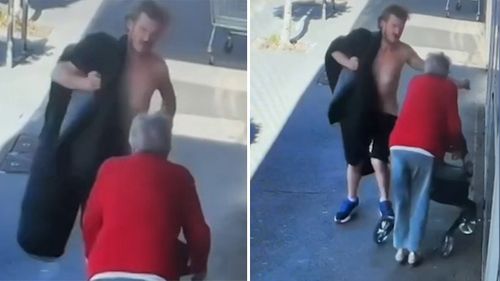 CCTV has captured the moment a shirtless man allegedly knocked an elderly woman unconscious ﻿outside a Melbourne shopping centre. 