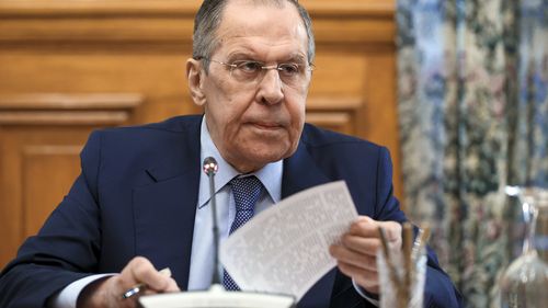 Russian Foreign Minister Sergey Lavrov speaks during a meeting with top envoys from the separatist regions in eastern Ukraine, Vladislav Deinego of the Luhansk People's Republic and Sergei Peresada, of the Donetsk People's Republic (DPR), in Moscow, Russia, Friday, Feb. 25, 2022