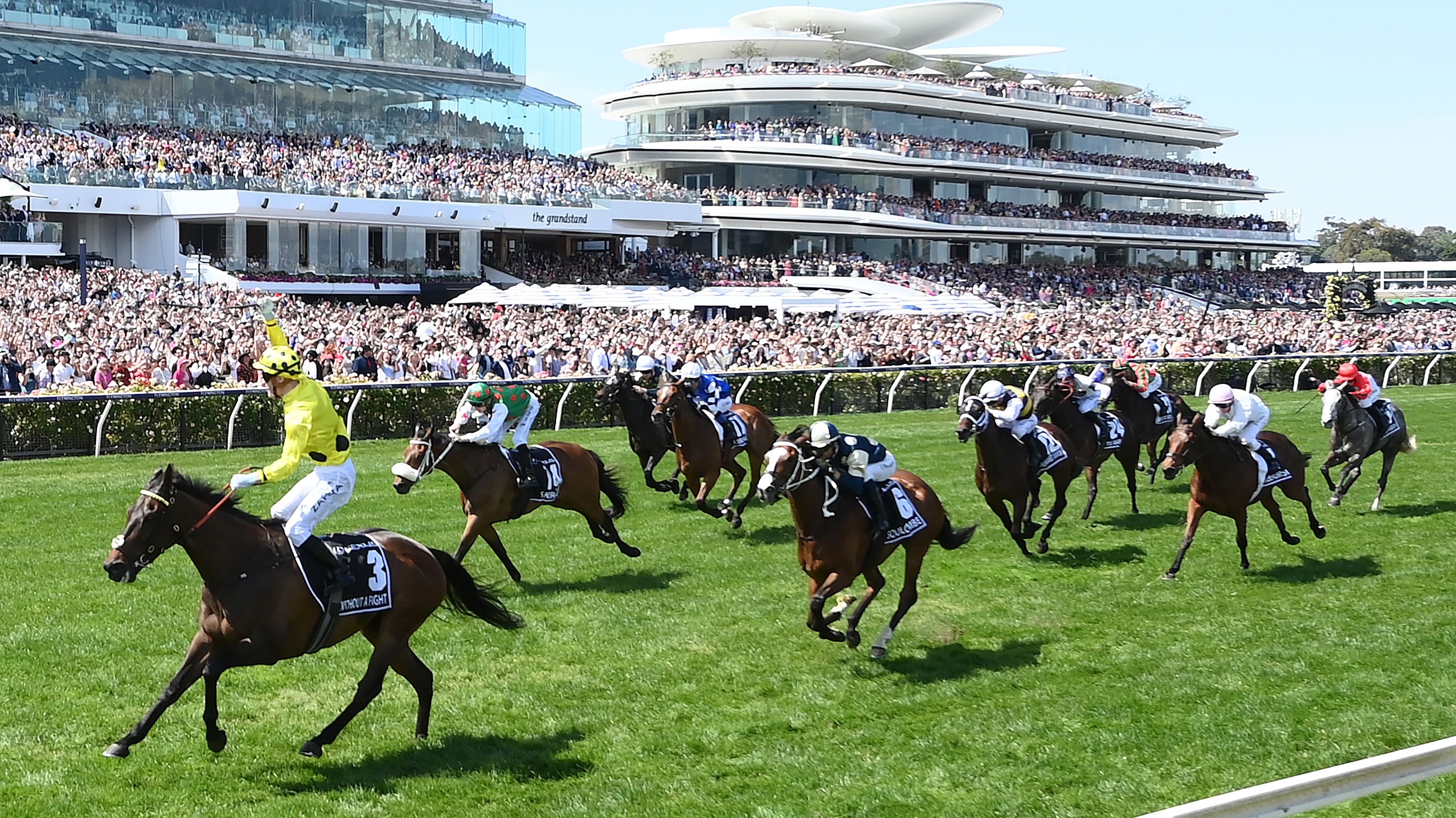 Mark Zahra riding Without a Fight wins the Melbourne Cup at Flemington Racecourse.