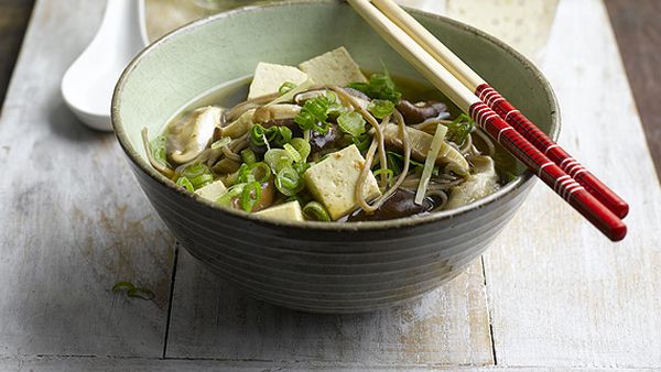 Miso soup with tofu, Asian greens, shitake mushrooms and buckwheat noodles
