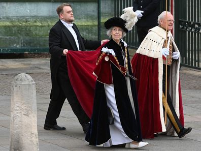 Elizabeth Manningham-Buller and Rupert Francis John Carington 7th Baron Carrington arrive at Westminster Abbey ahead of the Coronation of King Charles III and Queen Camilla on May 06, 2023 in London, England. 