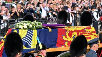 The coffin carrying Queen Elizabeth II makes its way along The Mall during the procession for the Lying-in State of Queen Elizabeth II on September 14, 2022 in London, England. Queen Elizabeth II&#x27;s coffin is taken in procession on a Gun Carriage of The King&#x27;s Troop Royal Horse Artillery from Buckingham Palace to Westminster Hall where she will lay in state until the early morning of her funeral. Queen Elizabeth II died at Balmoral Castle in Scotland on September 8