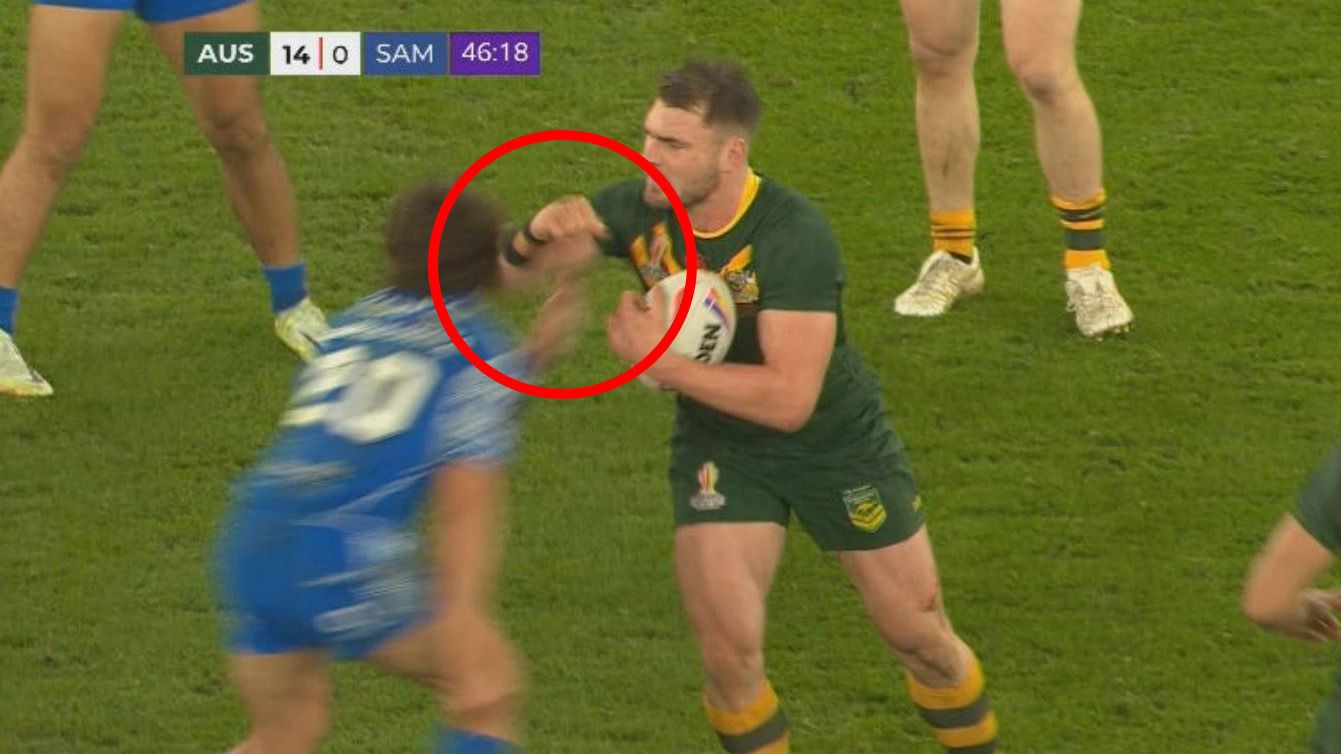 Angus Crichton was put on report and sinbinned for this rogue forearm hit on Chanel Harris-Tavita early in the second half of the Rugby League World Cup final between Australia and Samoa.
