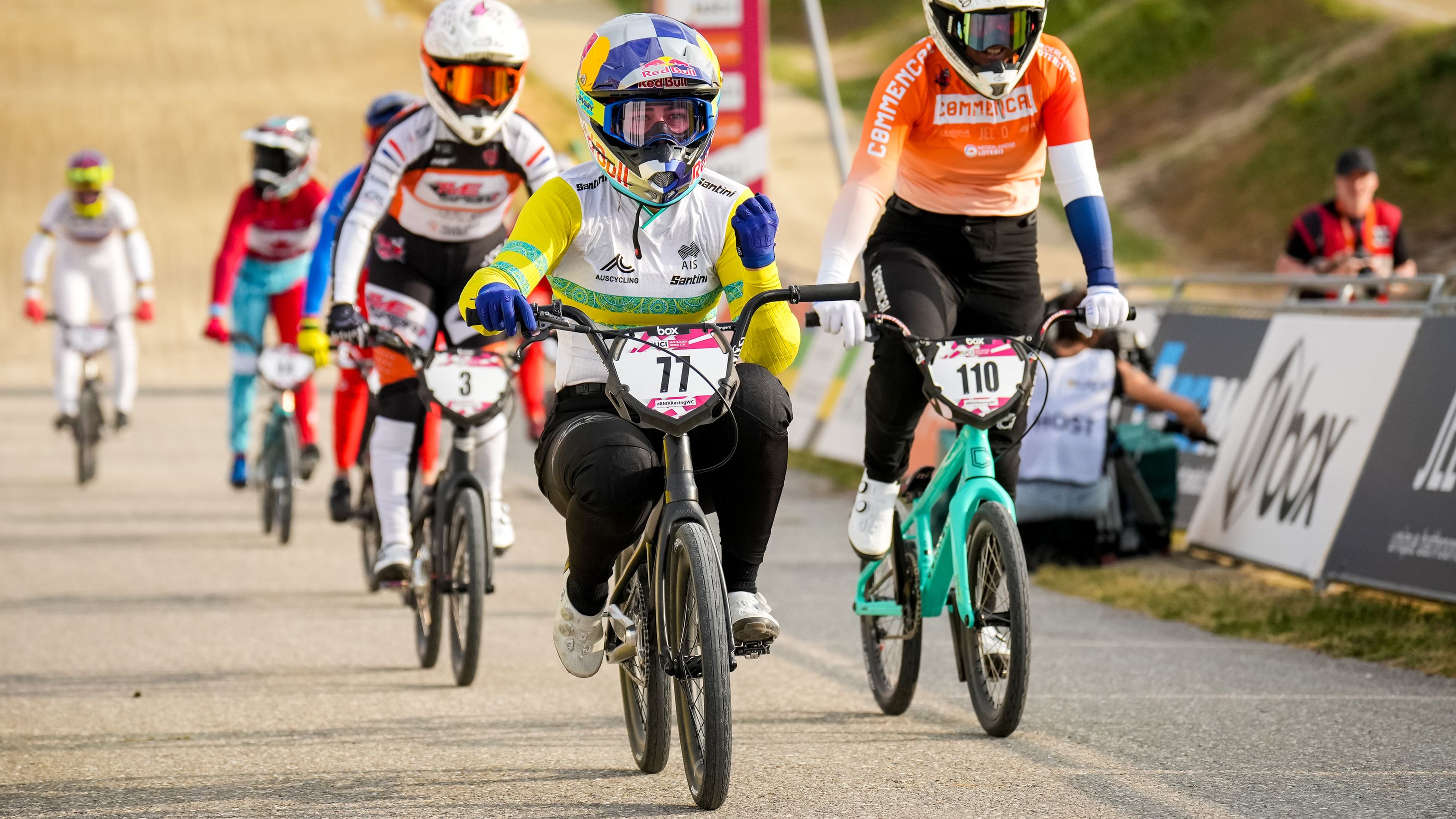 Australia&#x27;s Saya Sakakibara finishes first in the women&#x27;s final during round three of the 2023 UCI BMX Racing World Cup in the Netherlands.