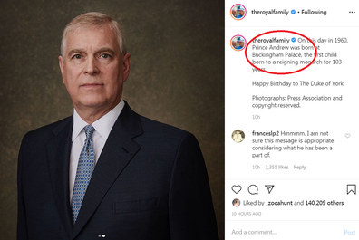 Prince Andrew Instagram message on 9Honey omitted HRH