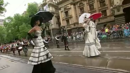 Some 'My Fair Lady' costumes brought glamour to Swanston Street. (9NEWS)