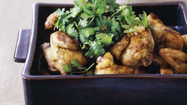 Cumin-roasted spatchcock with coriander and red onion salad