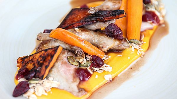 Cranberry-glazed quail with pumpkin and granola