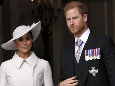 LONDON, ENGLAND - JUNE 03: Meghan, Duchess of Sussex and Prince Harry, Duke of Sussex depart the National Service of Thanksgiving at St Paul's Cathedral on June 03, 2022 in London, England. The Platinum Jubilee of Elizabeth II is being celebrated from June 2 to June 5, 2022, in the UK and Commonwealth to mark the 70th anniversary of the accession of Queen Elizabeth II on 6 February 1952.  (Photo by Chris J Ratcliffe/Getty Images)