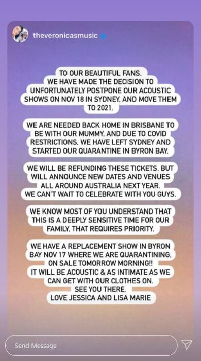 The Veronicas postpone Sydney show, Instagram Stories, statement