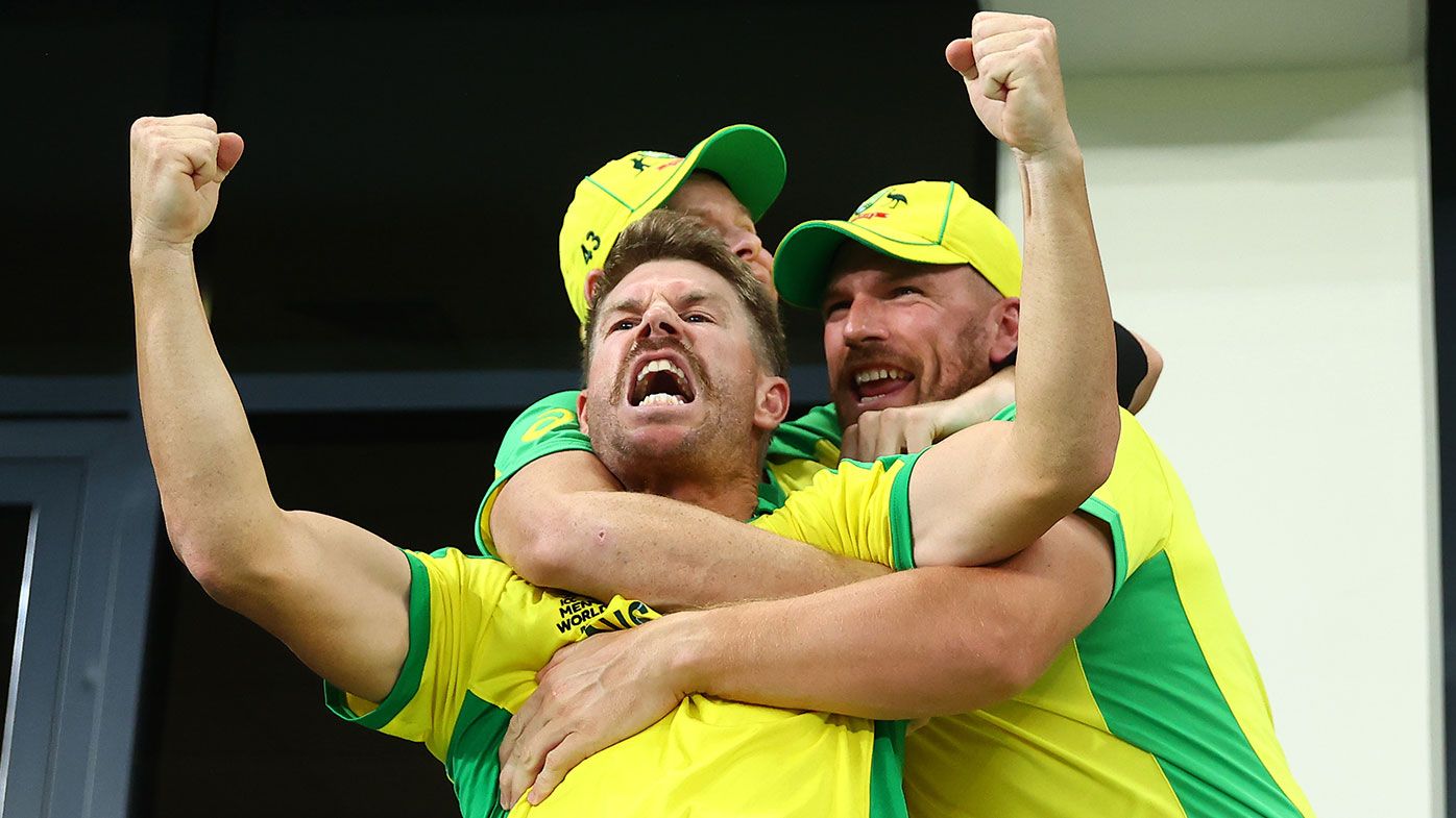 David Warner celebrating after Australia&#x27;s T20 World Cup final win