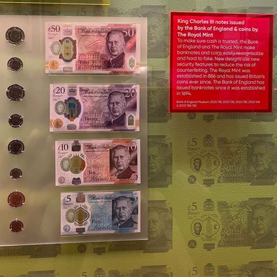New British currency to enter into circulation from June 5 with banknotes and coins featuring King Charles. The money has gone on display at the Bank of England Museum. 