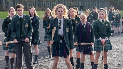 Louisa Harland as Orla McCool (centre) in comedy Derry Girls.