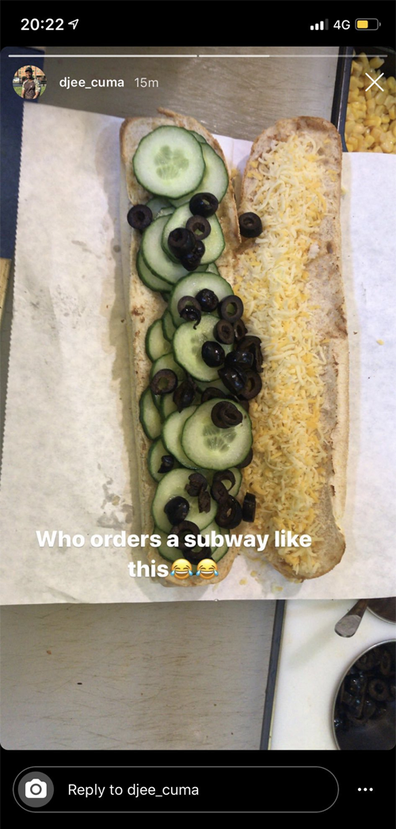 Subway sandwich with cucumber olives and cheese