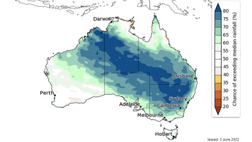 Modelling from the Bureau of Meteorology predicts the chance of above median rainfall in July 2022. 