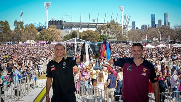 Magpies captain Darcy Moore and Lions captain Harris Andrews. 2023 AFL Grand Final parade. 29 September 2023. Photo: Eddie Jim.