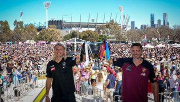 Magpies captain Darcy Moore and Lions captain Harris Andrews. 2023 AFL Grand Final parade. 29 September 2023. Photo: Eddie Jim.