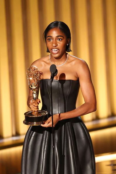 LOS ANGELES, CALIFORNIA - JANUARY 15: Ayo Edebiri accepts the Best Supporting Actress in a Comedy Series award for 'The Bear' onstage during the 75th Primetime Emmy Awards at Peacock Theater on January 15, 2024 in Los Angeles, California. (Photo by Monica Schipper/WireImage)