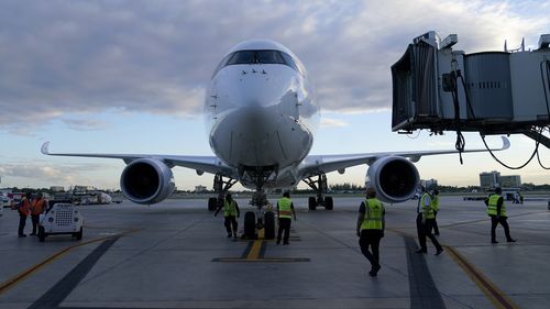 A Lufthansa flight arrives from Munich, Germany at Miami International Airport, Monday, Nov. 8, 2021, in Miami.  