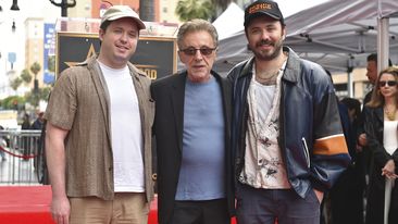 Franki Valli, center, and his sons Brando Valli and Emilio Valli attend a ceremony honoring Frankie Valli and The Four Seasons with a star on the Hollywood Walk of Fame on Friday, May 3, 2024, in Los Angeles. (Photo by Jordan Strauss/Invision/AP)
