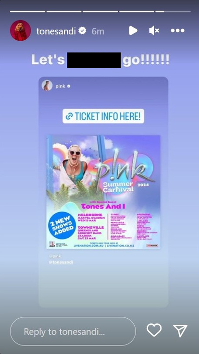 Tones and I shares she will be joining Pink on tour via her Instagram story 