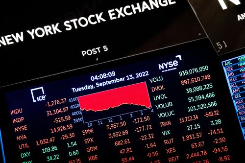 Les statistiques sont affichées sur un écran à la Bourse de New York le mardi 13 septembre 2022.