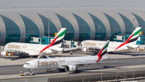 Emirates planes taxi at Dubai airport. 