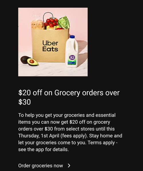 UberEats have offered specials around grocery orders through the service during Brisbane's three day lockdown. 