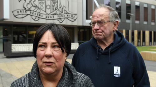 Jurina Hickson, the mother of Lauren Hickson, leaves the Parramatta West Trial Courts with her husband Derek following a parole hearing for her daughter's murderer. Picture: AAP