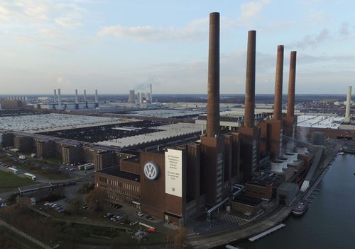 The Volkswagen factory, including its heating plant with its four chimneys, stands in Wolfsburg, Germany.