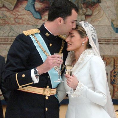 Crown Prince Felipe and Letizia Ortiz during the wedding banquet at the Royal Palace on 22 May, 2004