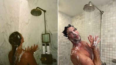 Left: Jennifer Aniston in the shower | Right: David Schwimmer in the shower with soap on his face.