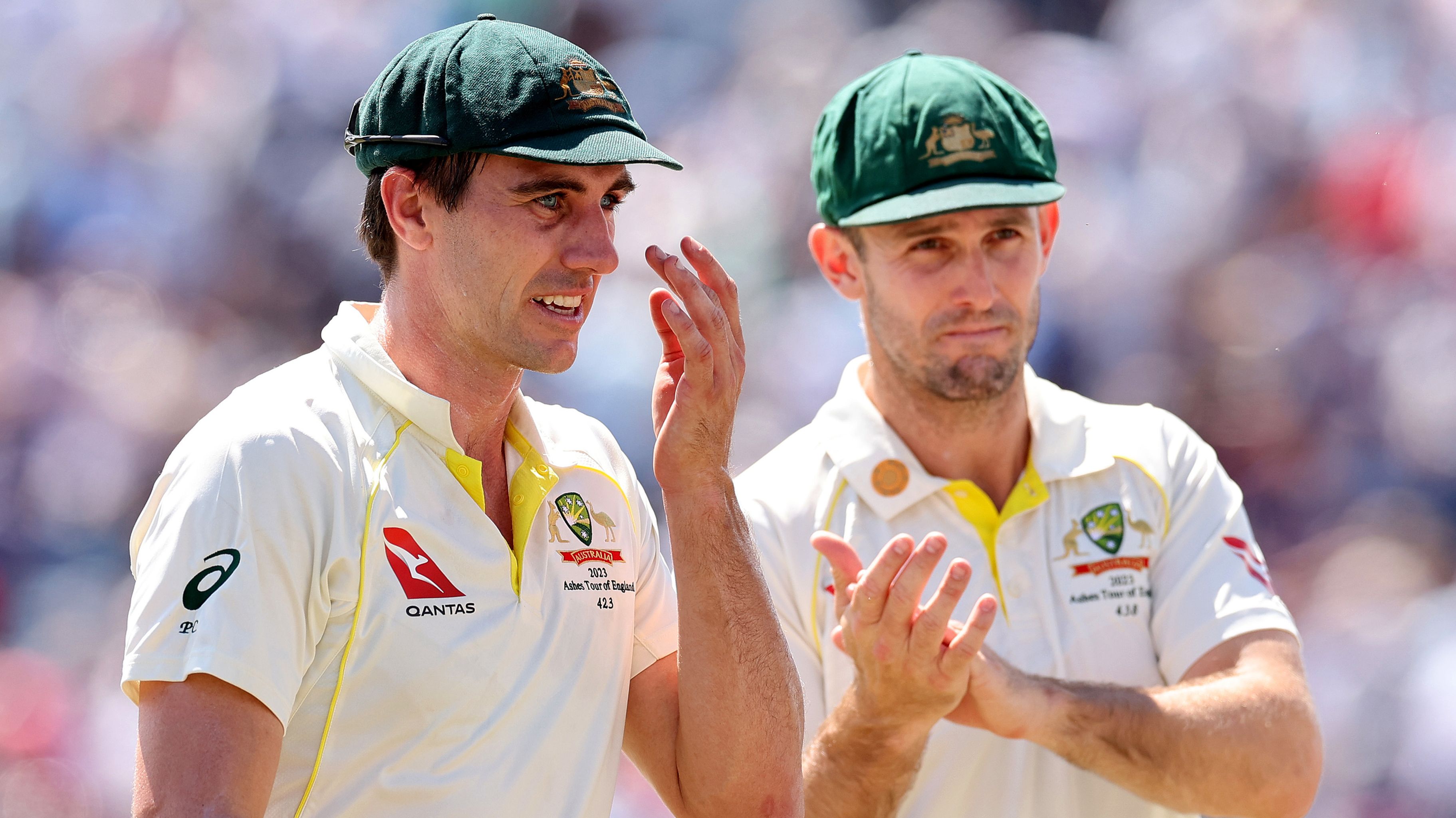 LEEDS, ENGLAND - JULY 07: Australia captain Pat Cummins and Mitchell Marsh leave the field at the end of England first innings during Day Two of the LV= Insurance Ashes 3rd Test Match between England and Australia at Headingley on July 07, 2023 in Leeds, England. (Photo by Jan Kruger/Getty Images)